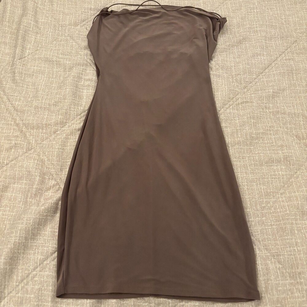 GLARE: Taupe Brown Cowl Neck Open Back Ruched Mini Dress Size Medium M